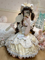 Apricot Yellow Sweet Cat Lolita Short Sleeve OP Dress Set with Apron