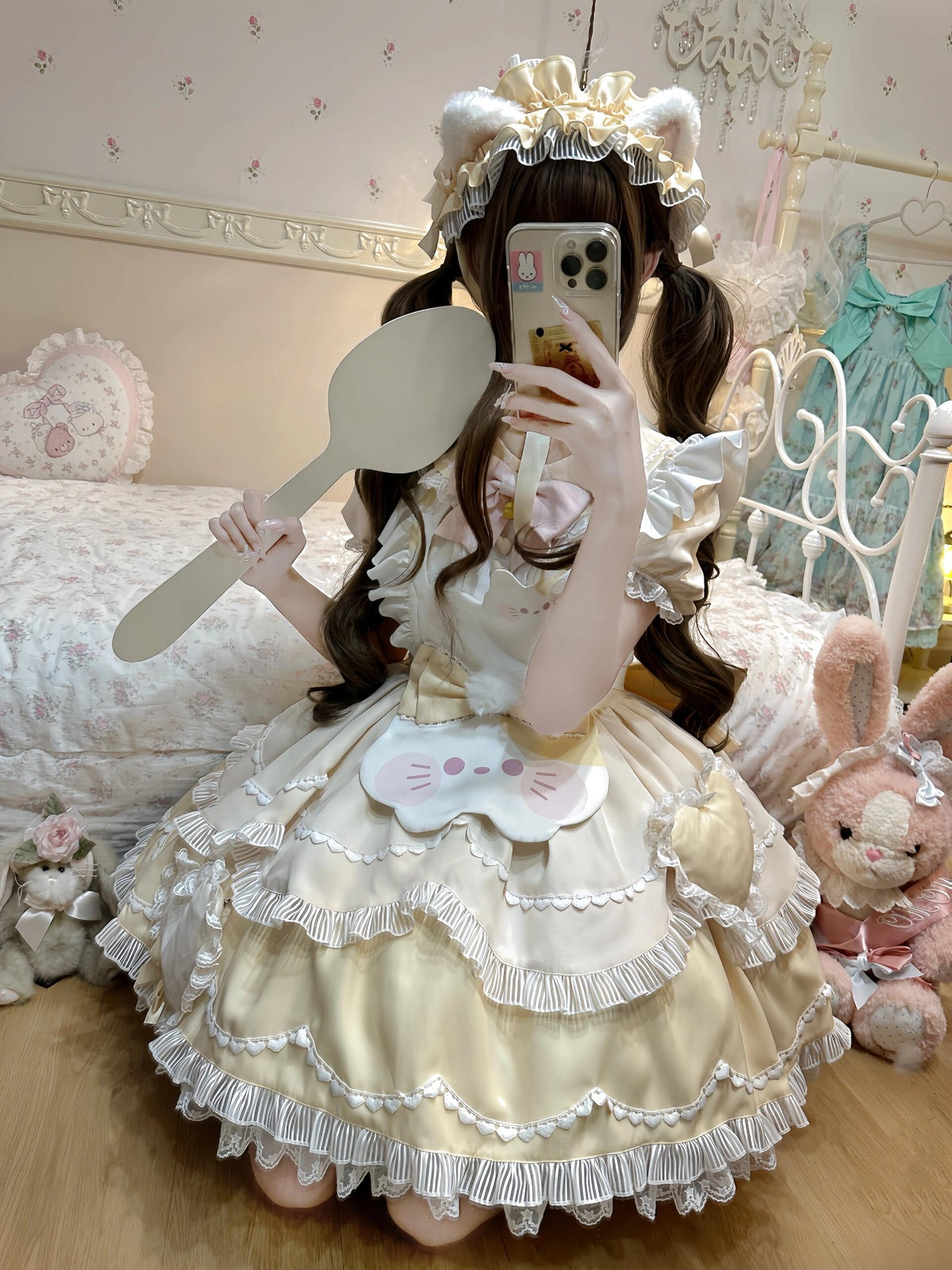 Apricot Yellow Sweet Cat Lolita Short Sleeve OP Dress Set with Apron