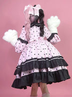 Black & Pink Polka Dot Sweet Lolita OP Long Sleeve Dress