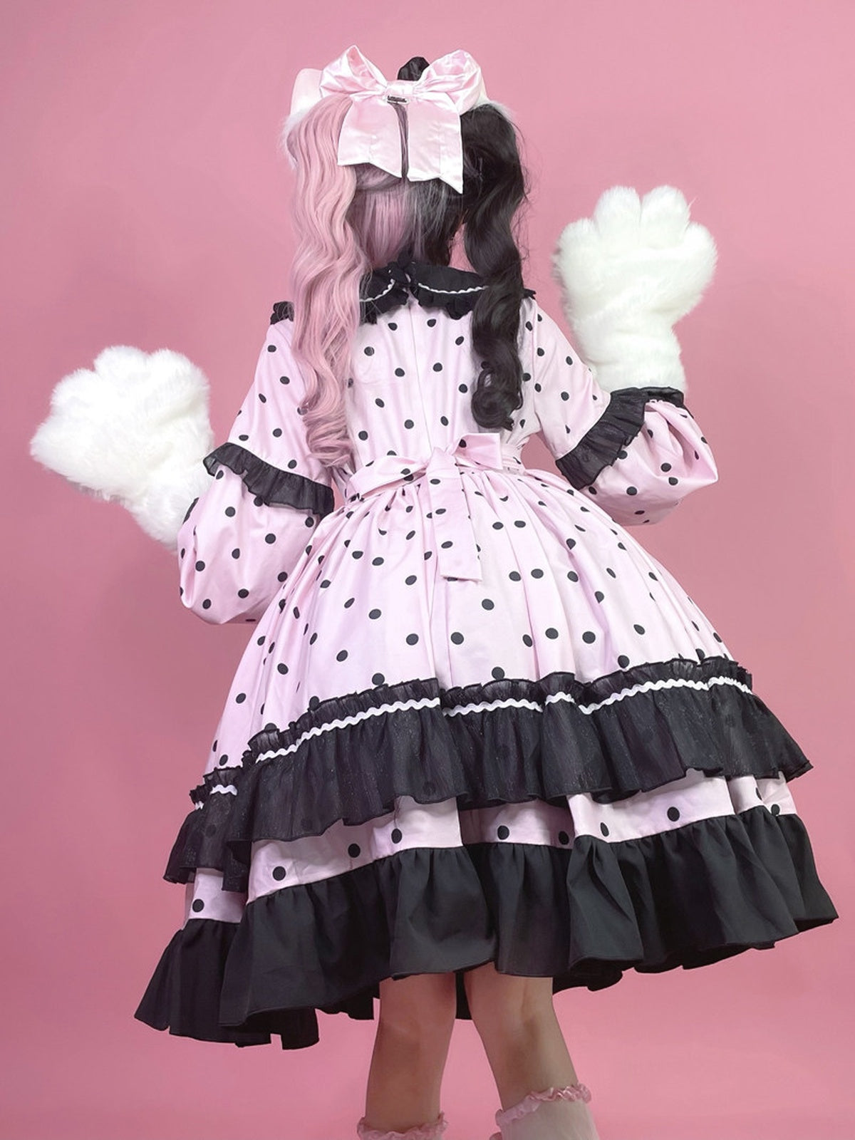 Black & Pink Polka Dot Sweet Lolita OP Long Sleeve Dress