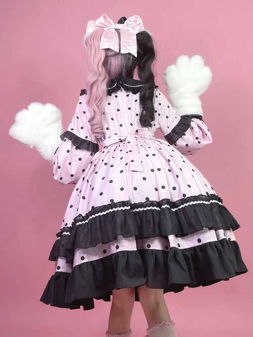 Black & Pink Polka Dot Sweet Lolita OP Long Sleeve Dress