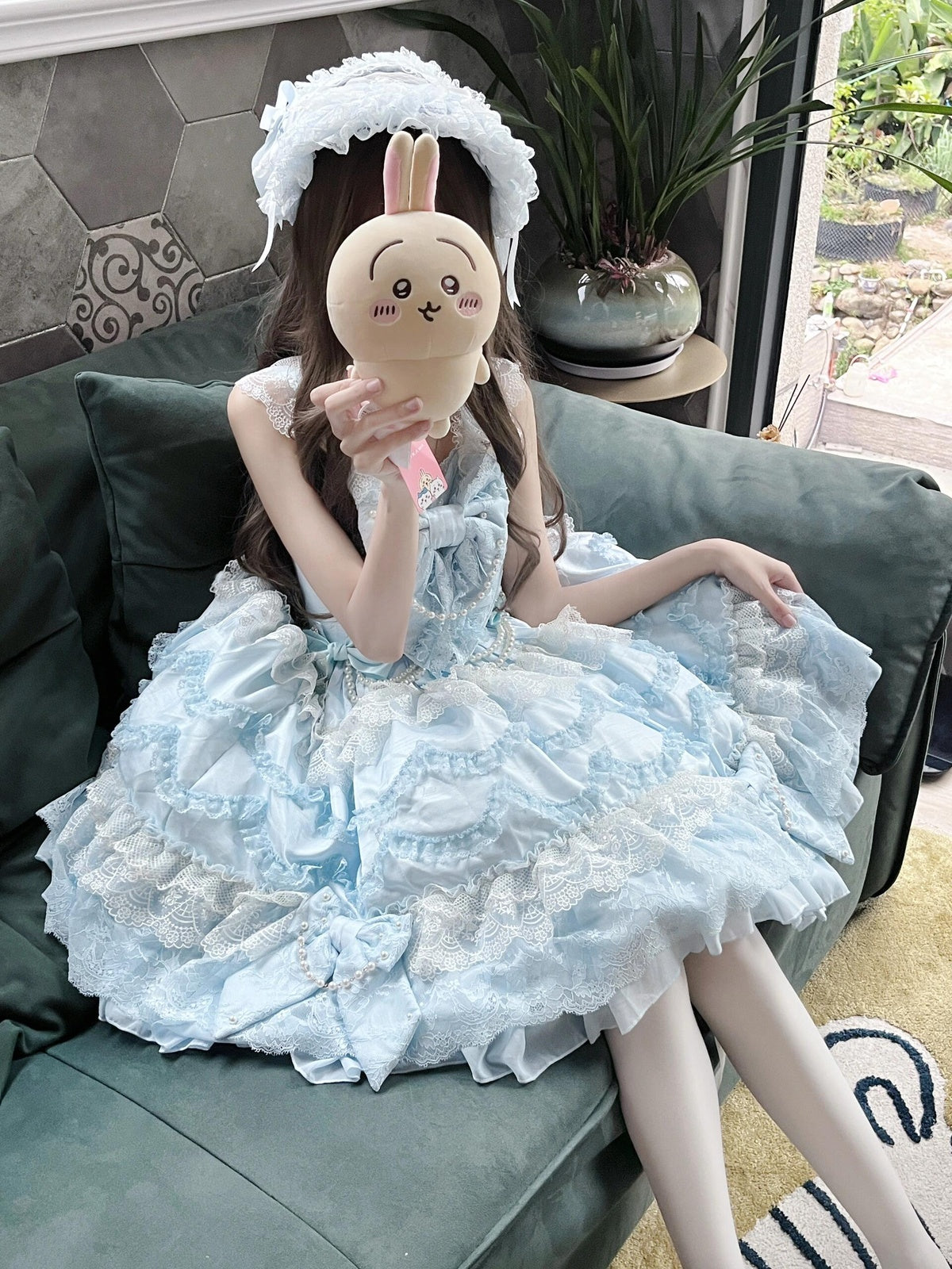 Vintage Old-School Blue Lolita JSK Dress Full Set with Petticoat