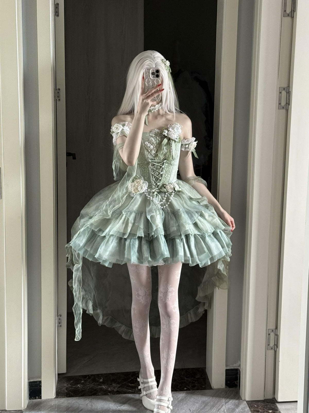 Green Forest Wizard of Oz Lolita Wedding Dress Full Set with Train