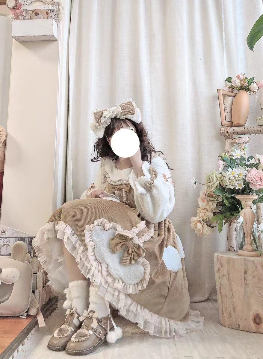 Cocoa Sweet Lolita Long Sleeve OP Dress with Headband & Petticoat