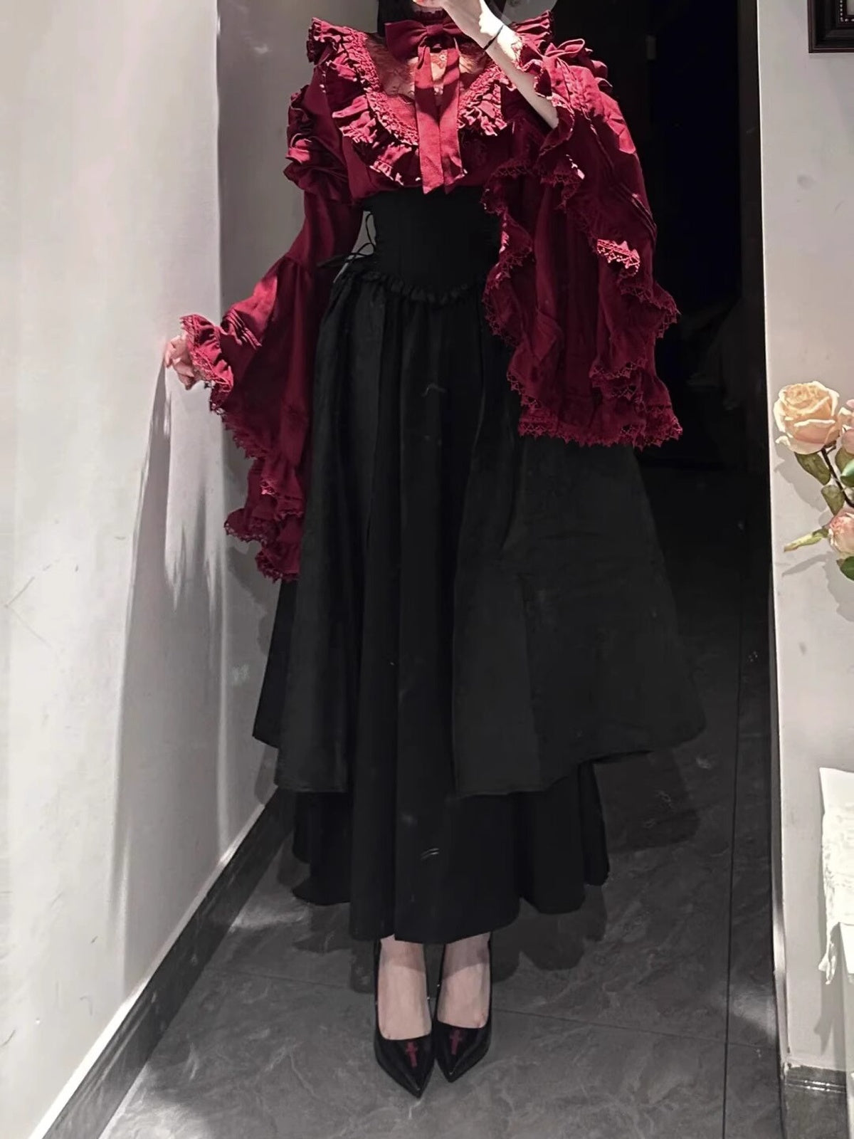 Gothic Red Black Lolita Dress Set with Hime Sleeve Blouse & SK