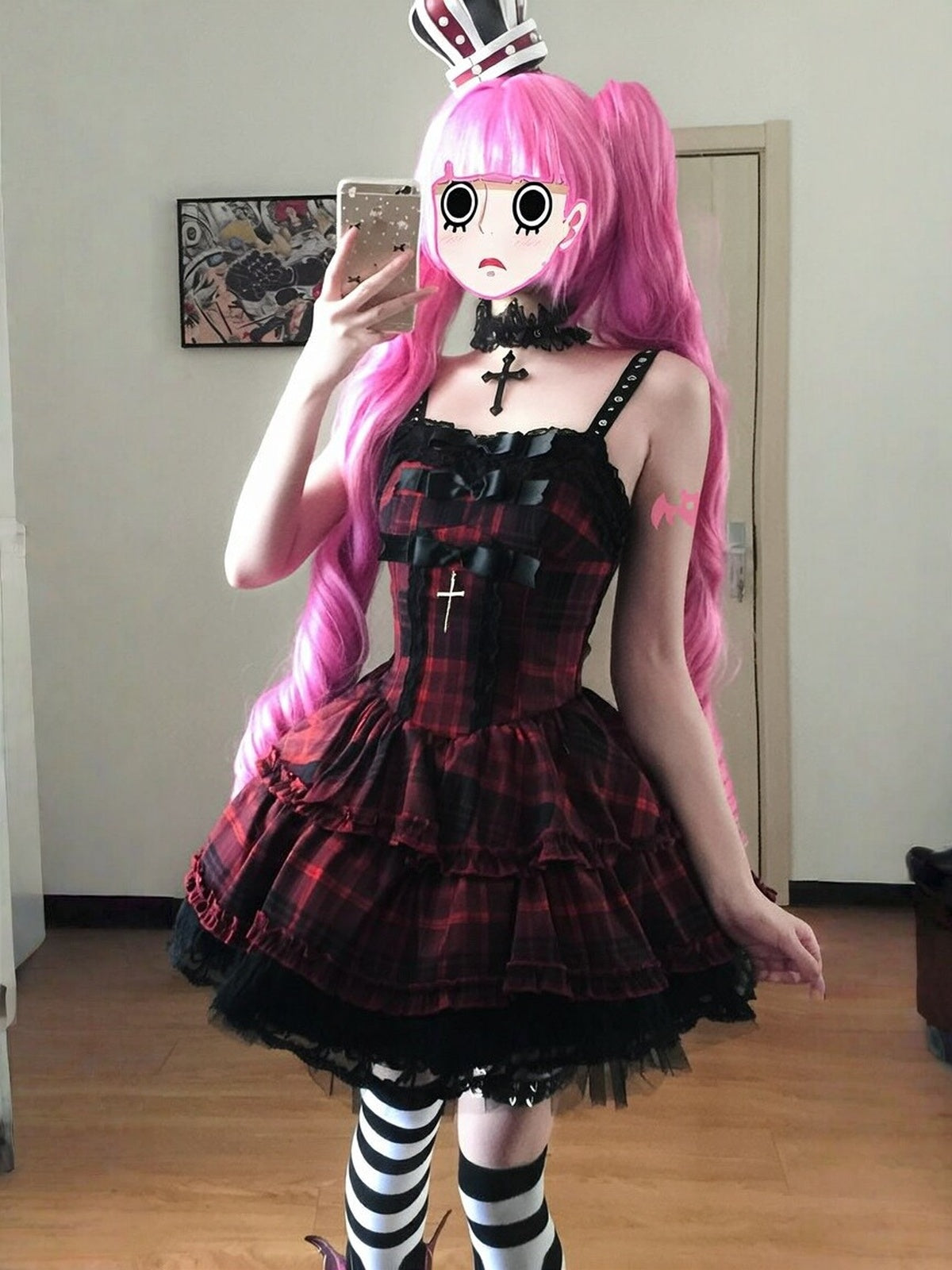 Gothic Punk Red Plaid Lolita Dress Set with Cardigan