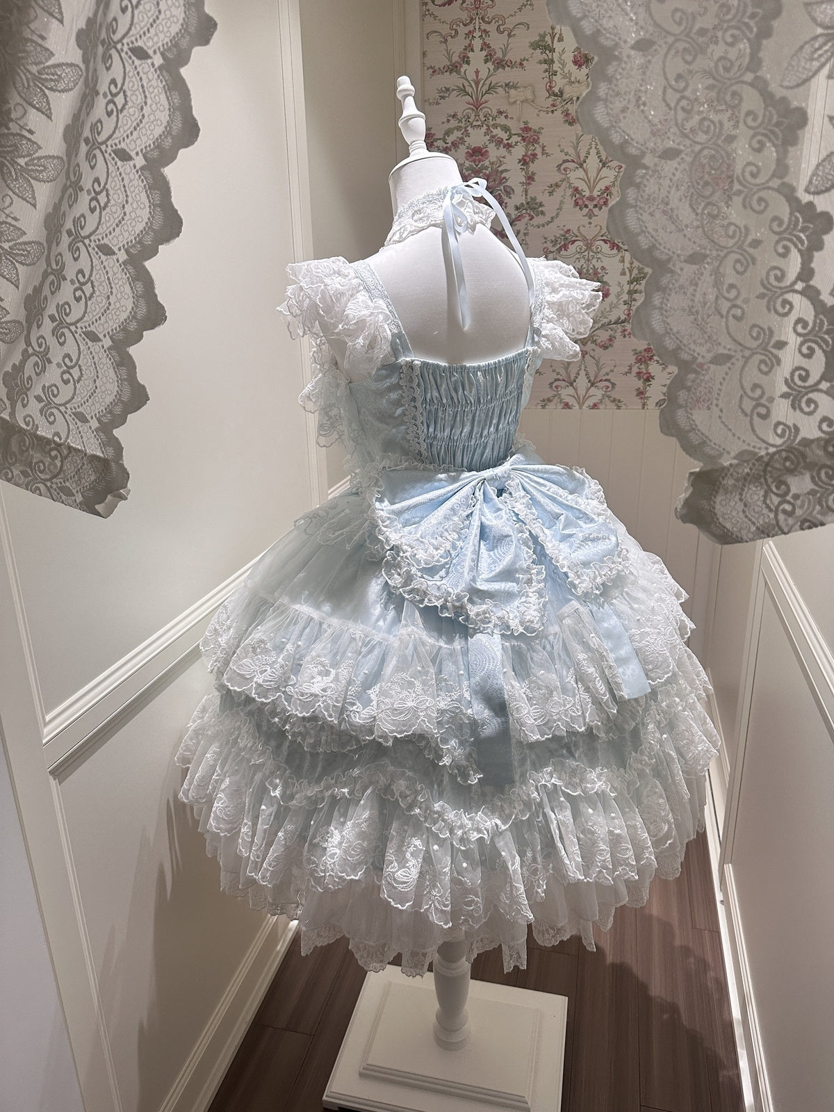 Blue Light Wedding Lolita JSK Dress with Hat & Necklace