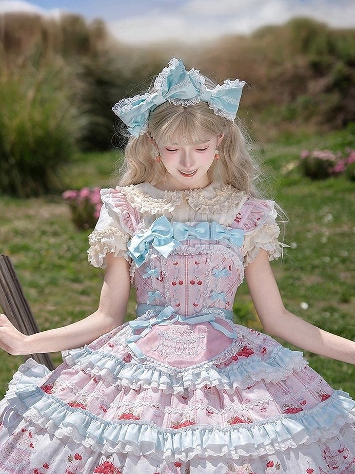 Pink Blue Lace Trimmed Bow Sweet Lolita KC - Strawberry Fantasy | CoyBunny