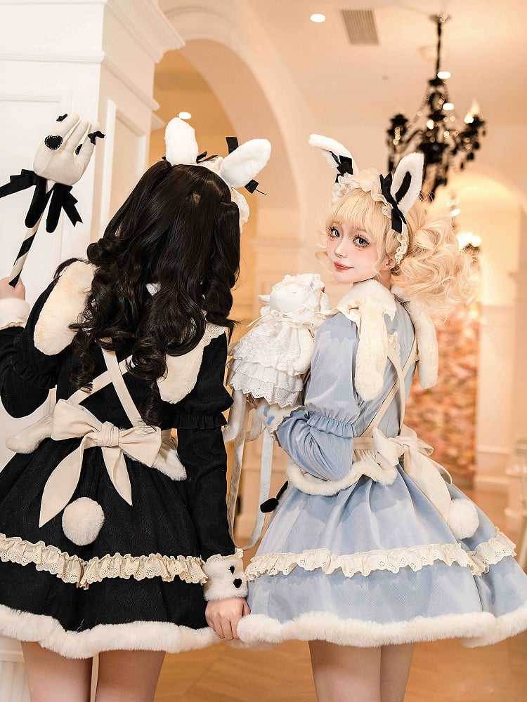 Black Long-Sleeve Plush Collar and Cuffs Sweet Lolita OP Full Set | CoyBunny