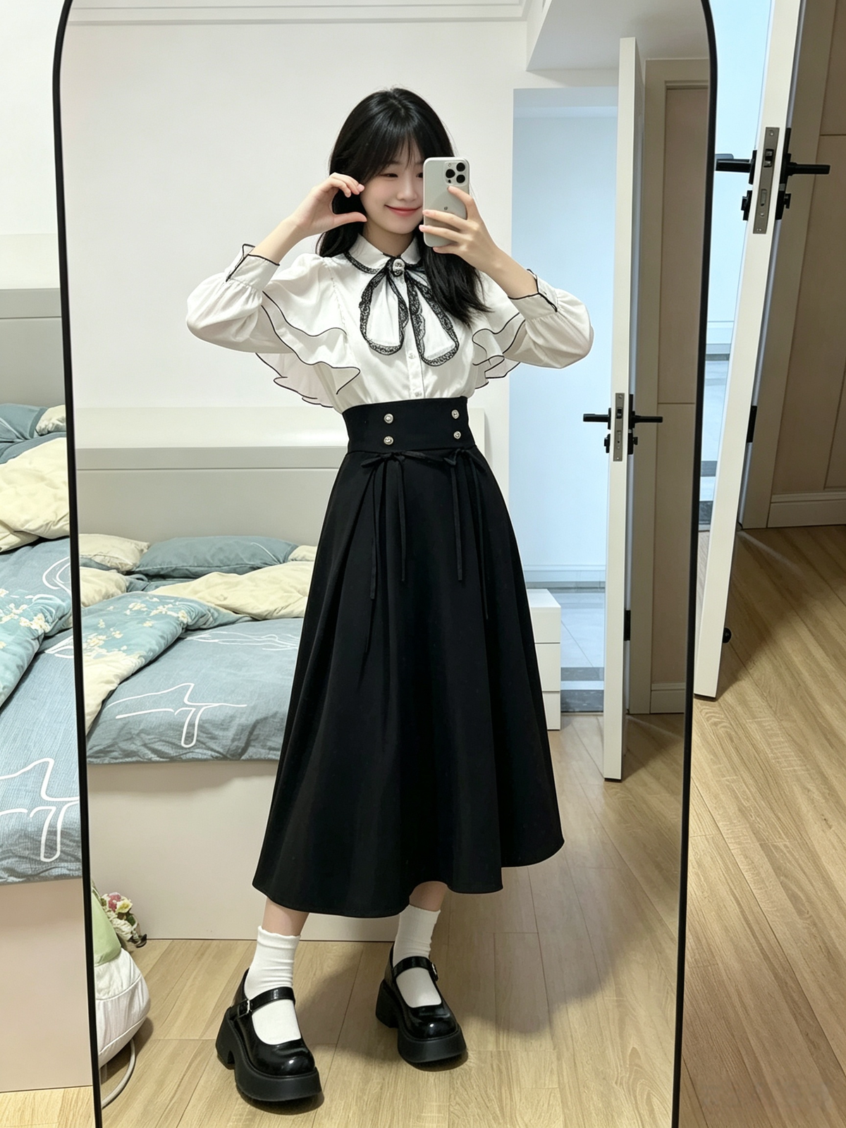 Cute White Jirai Kei School Girl Lolita Dress Long Sleeve Midi Skirt Set