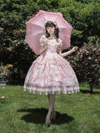 Pink Deer & Floral Print Flutter Sleeves Sweet Lolita JSK Dress with Overlay - Honey Machine | CoyBunny