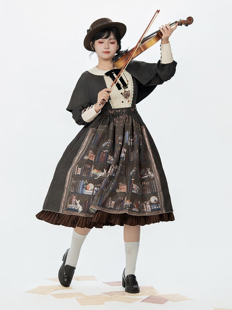 Dark Brown Bookshelf Print Long Sleeve Lolita Dress Cape - Miss Point | CoyBunny