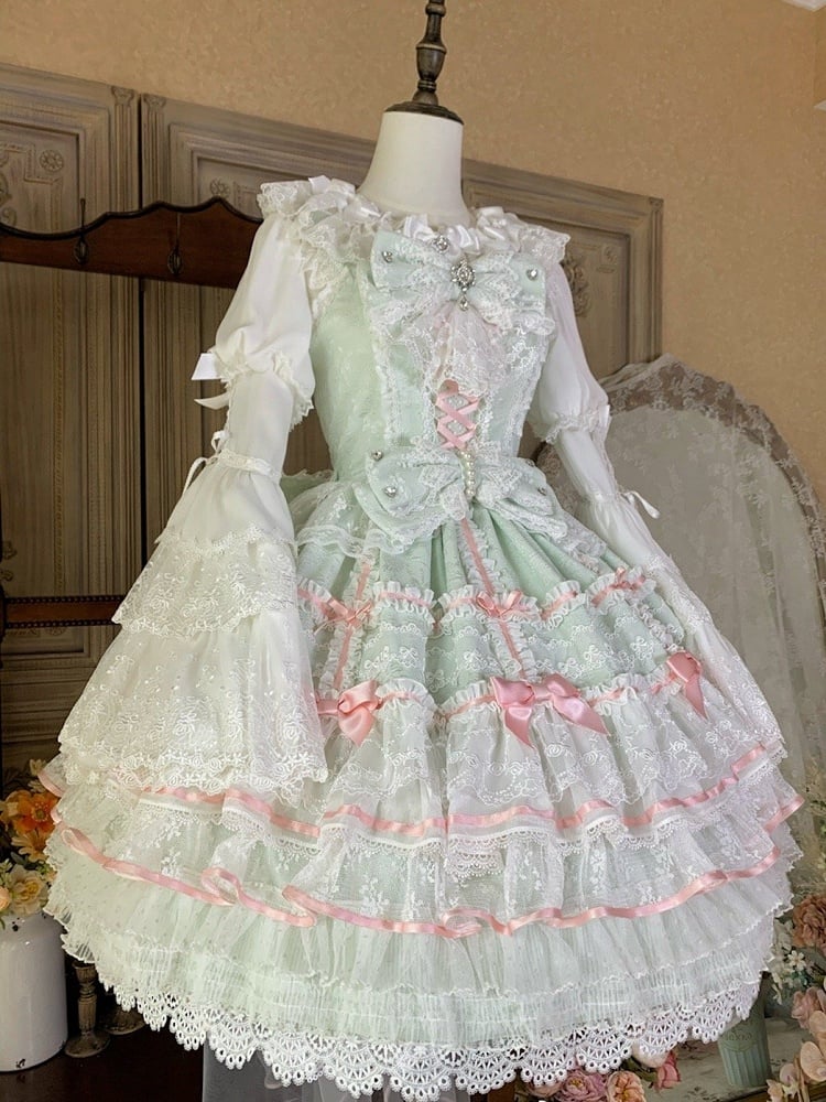 Mint Green Bows Layered Hime Lolita Jumper Skirt Set - Huating | CoyBunny