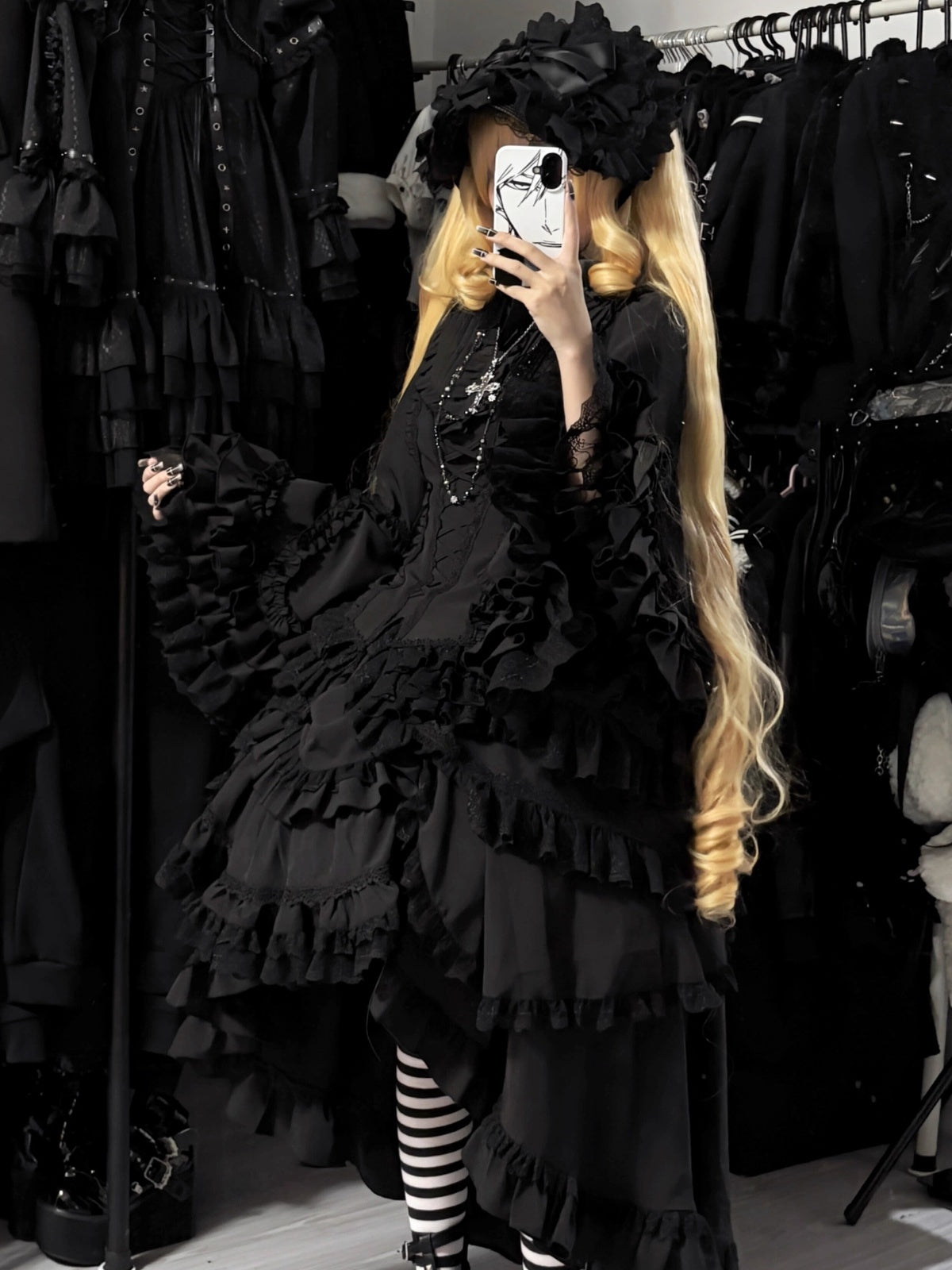 Gothic Black Phoenix Lolita Dress Set with Blouse & Tiered Skirt