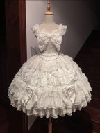 Vintage Old-School White Lolita JSK Dress Full Set with Petticoat