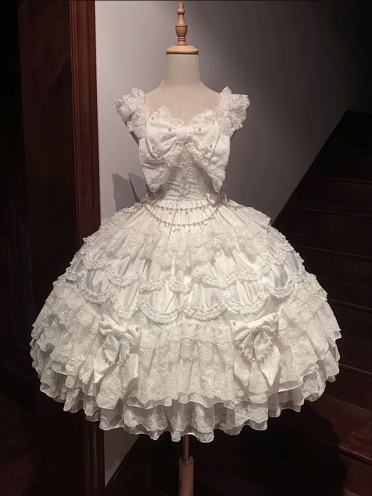 Vintage Old-School White Lolita JSK Dress Full Set with Petticoat