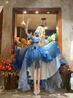 Blue Floral Wedding Lolita High-Low Dress Set with Long Train