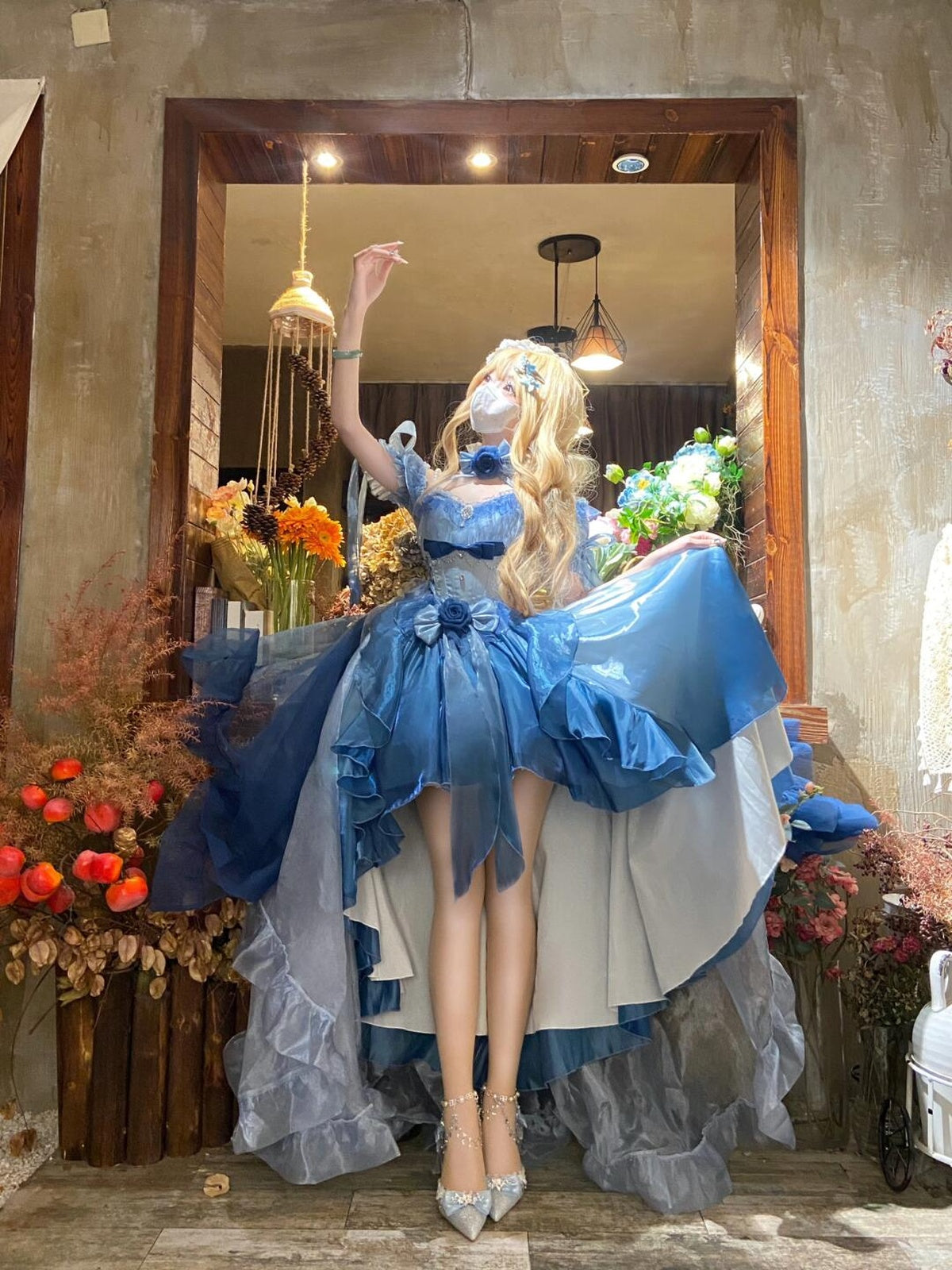 Blue Floral Wedding Lolita High-Low Dress Set with Long Train