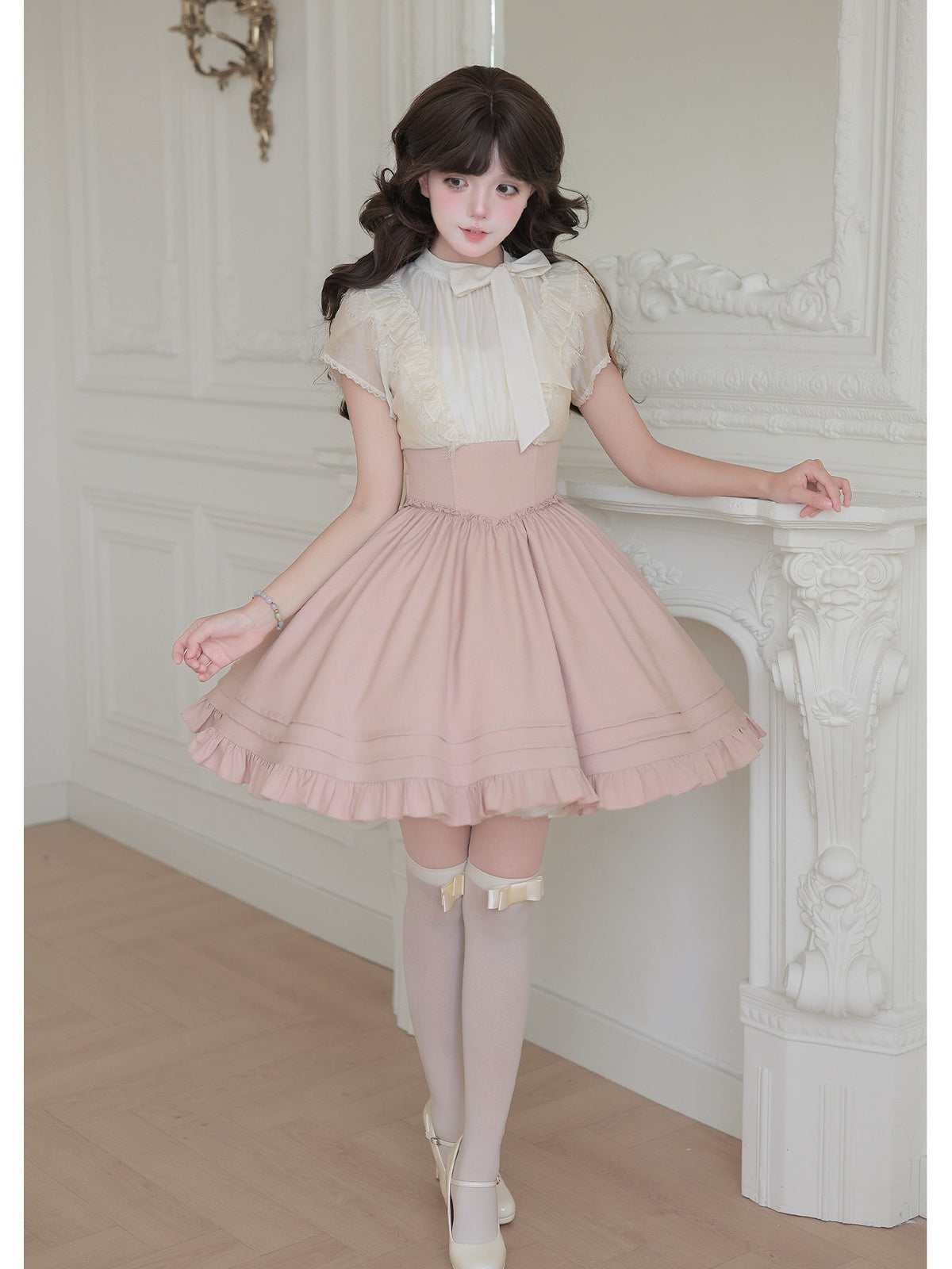 Short Color Block Lolita Dress with Waist Boning & Ruffles