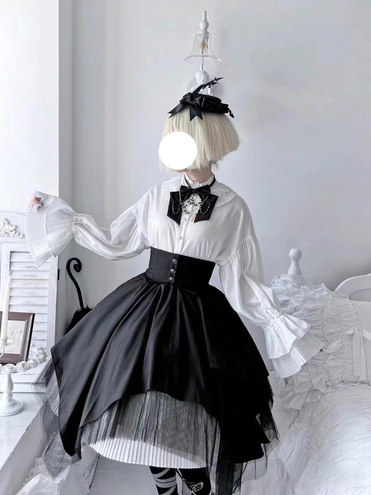 Gothic Nun Lolita Dress Set with Corset Blouse & Tiered Skirt