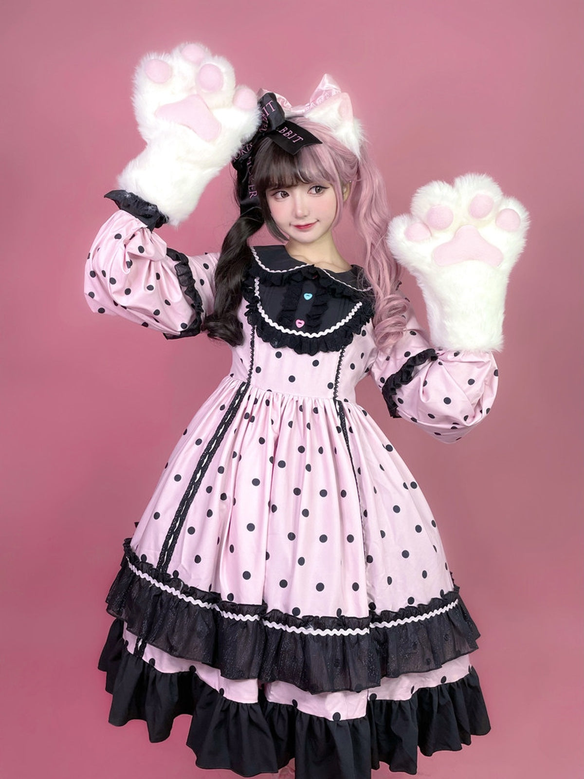 Black & Pink Polka Dot Sweet Lolita OP Long Sleeve Dress