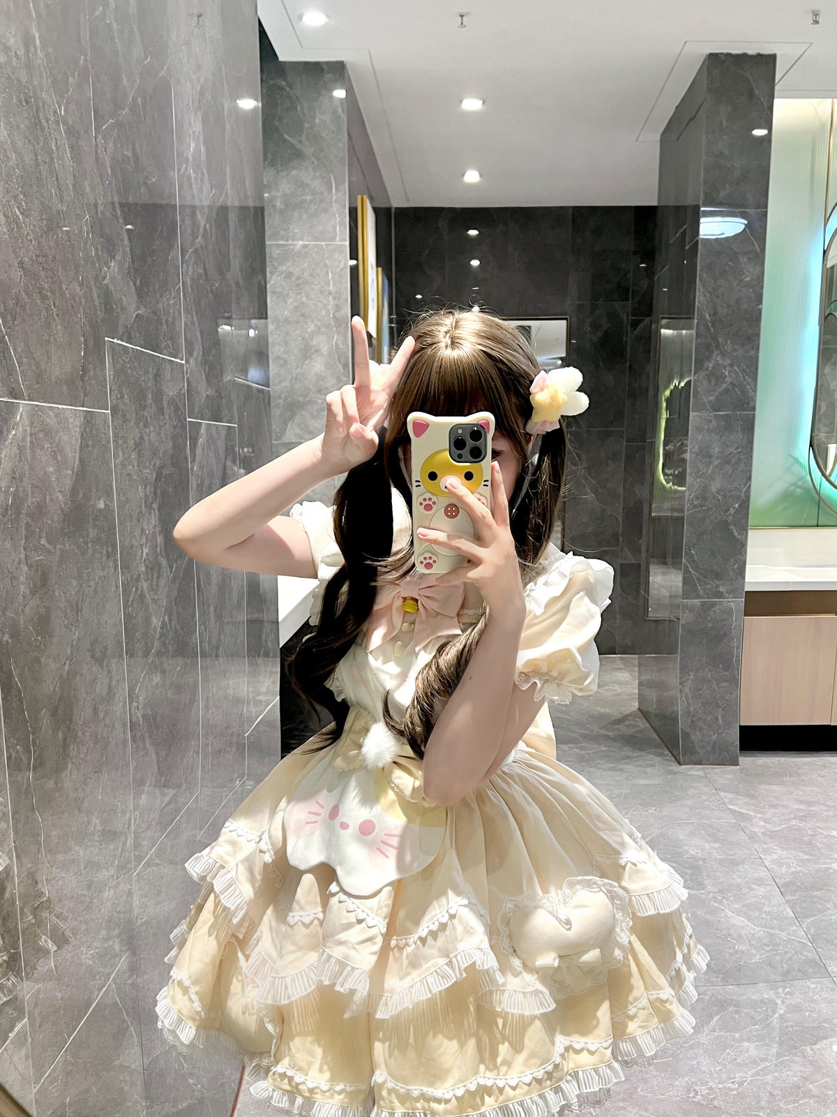 Apricot Yellow Sweet Cat Lolita Short Sleeve OP Dress Set with Apron