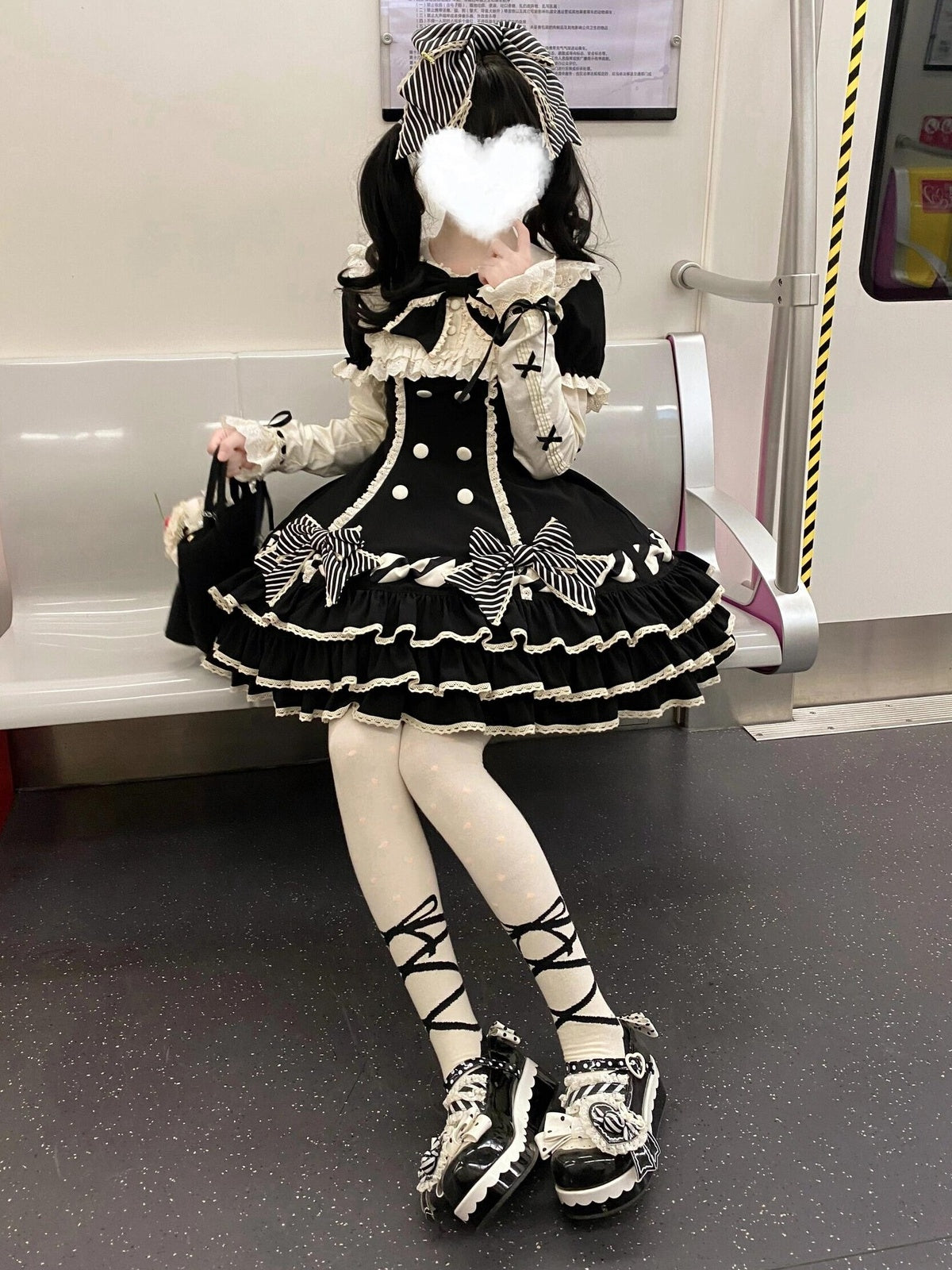 Black Stripe Sweet Lolita OP Dress Full Set with Hat & Detachable Sleeves