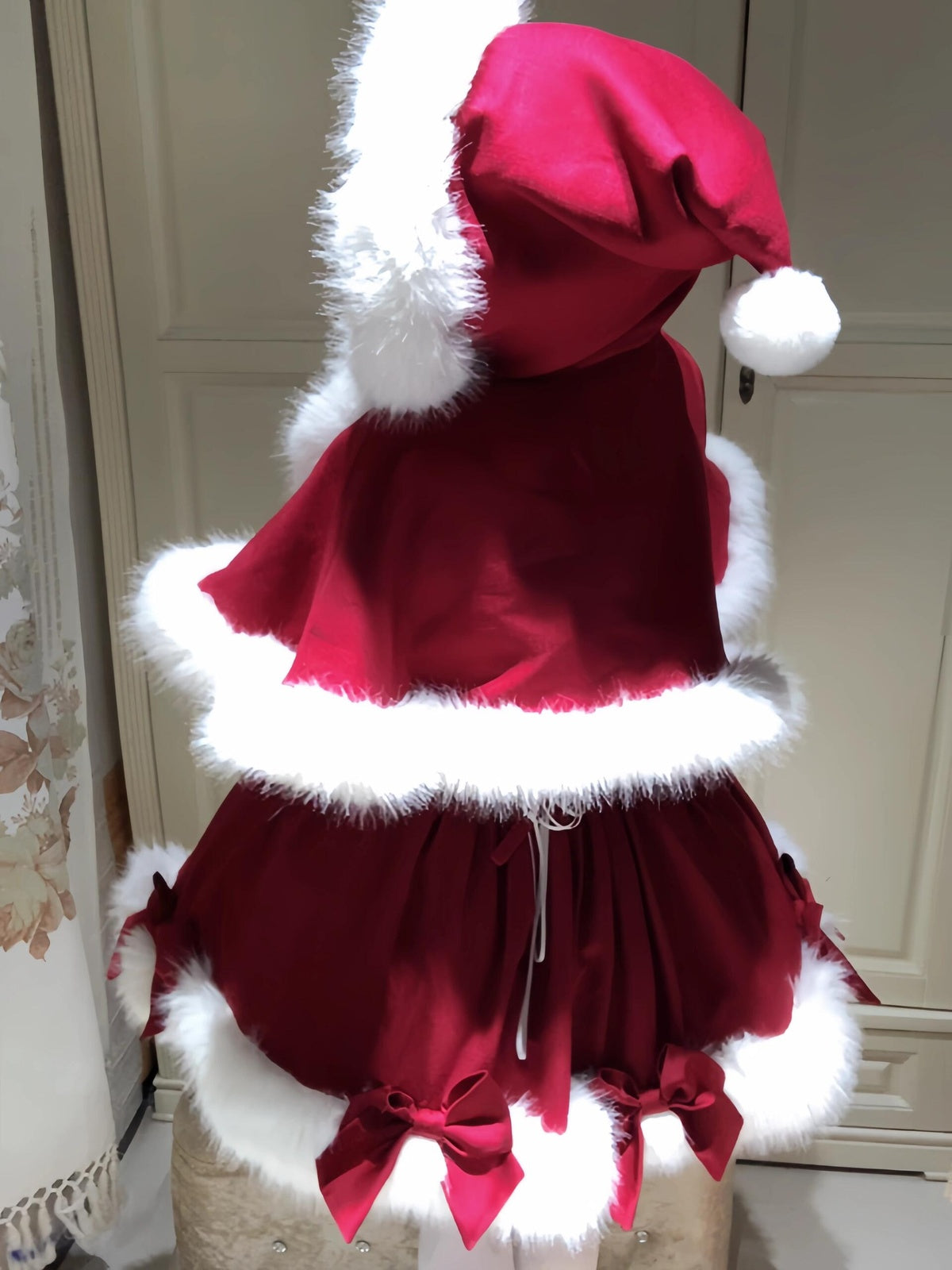 Red Christmas Lolita Dress Full Set with Winter Furry Cape