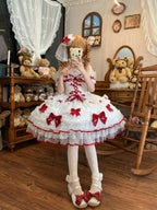 Red & White Lolita JSK Dress with Back Bow & Veil | Strappy Gown