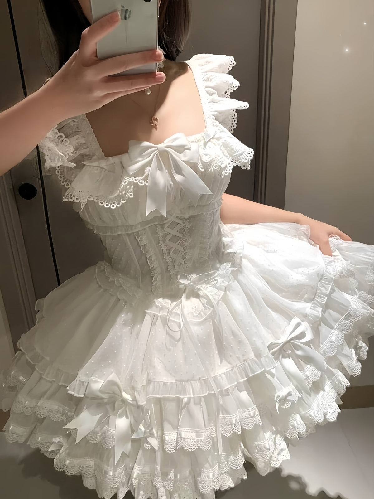 White Balletcore Lolita JSK Dress Full Set with Petticoat