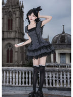 Striped Sweet Lolita Puff Skirt OP Set with Top Hat & Sleeves