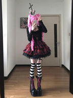 Gothic Punk Red Plaid Lolita Dress Set with Cardigan