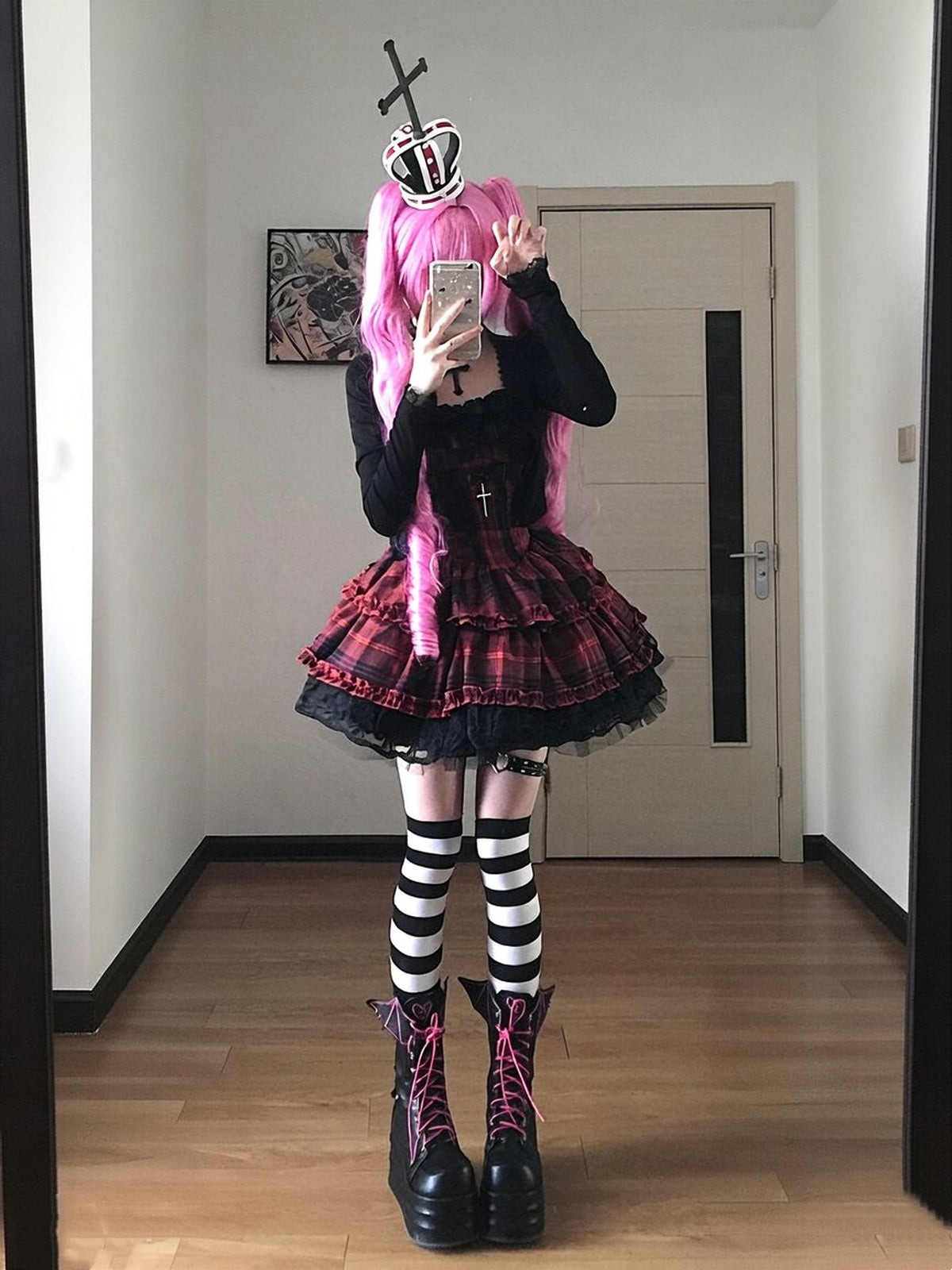 Gothic Punk Red Plaid Lolita Dress Set with Cardigan