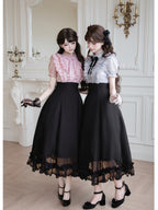 Black Pink Color Block Lolita Long Dress with Rhinestone Necktie