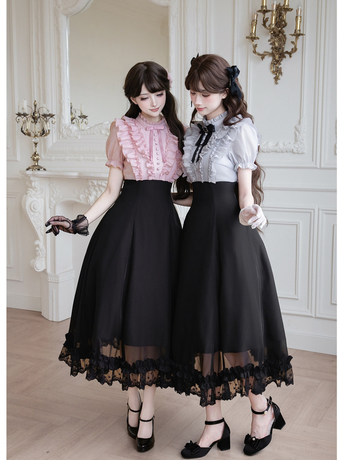 Black Pink Color Block Lolita Long Dress with Rhinestone Necktie