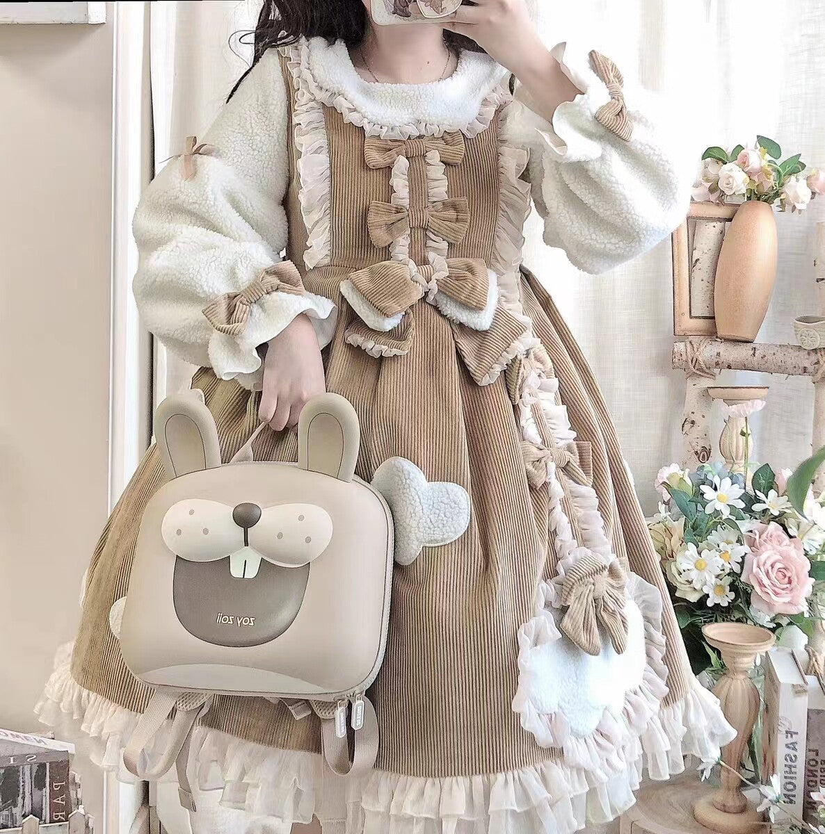 Cocoa Sweet Lolita Long Sleeve OP Dress with Headband & Petticoat