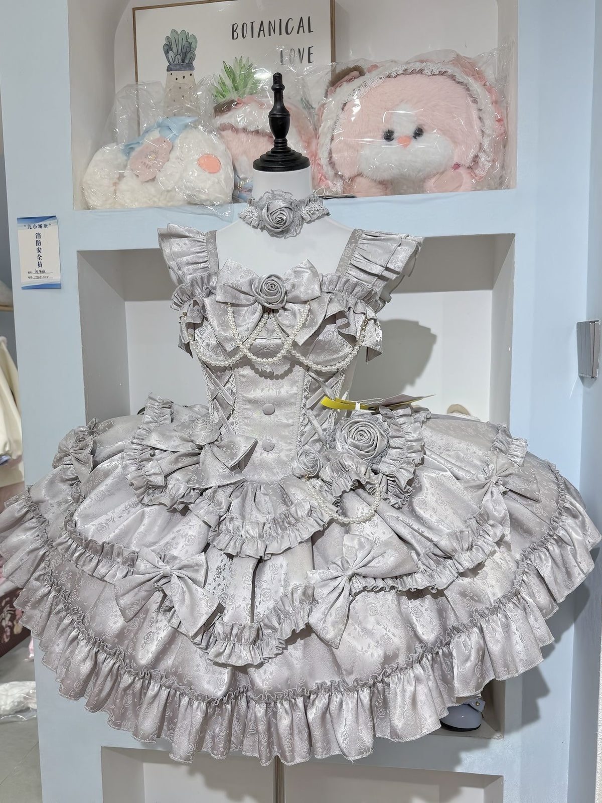 Sweet Silver Rose Lolita JSK Princess Dress with Choker & Train