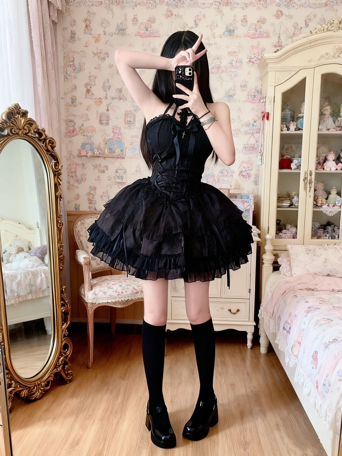 Gothic Cross Lolita Dress Full Set with Sleeves & Headpiece
