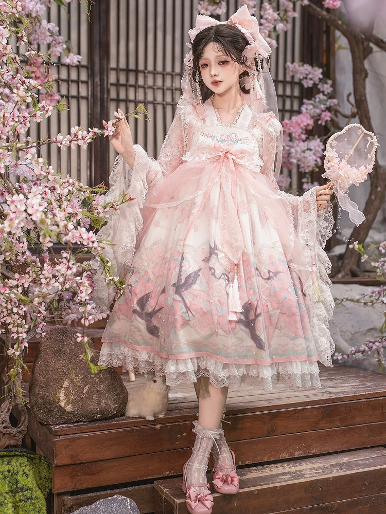 Peach Blossom Print Pink Empire Waist Chinoiserie Lolita Dress with Beaded Sheer Overlay - Dream Magic Box | CoyBunny