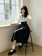 Cute White Jirai Kei School Girl Lolita Dress Long Sleeve Midi Skirt Set