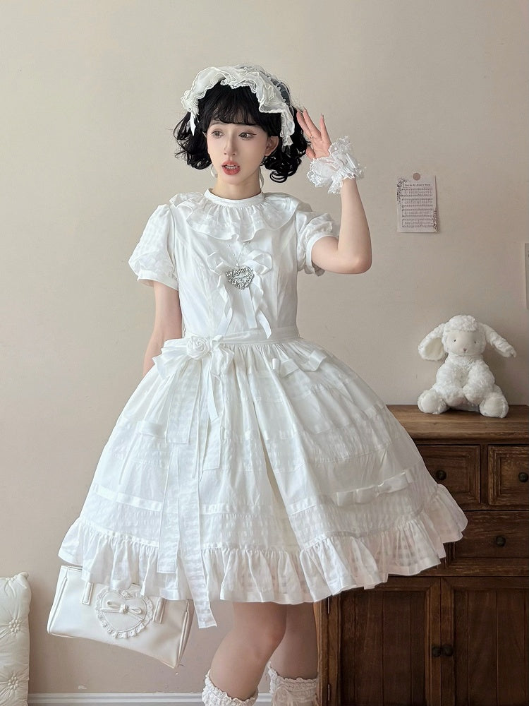 Ivory Checkered Puff Sleeve Lolita One-Piece Dress | CoyBunny