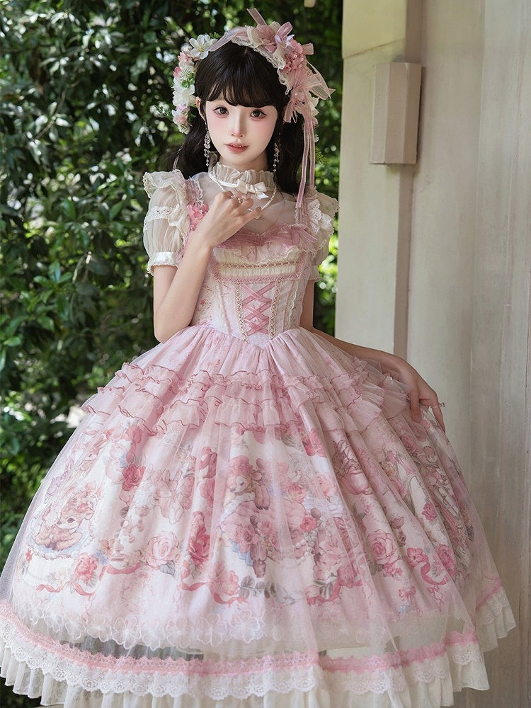 Pink Deer & Floral Print Flutter Sleeves Sweet Lolita JSK Dress with Overlay - Honey Machine | CoyBunny