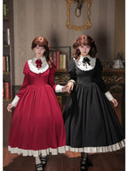 Red Elegant Maid Lolita OP Set with Apron, Necktie & Headband