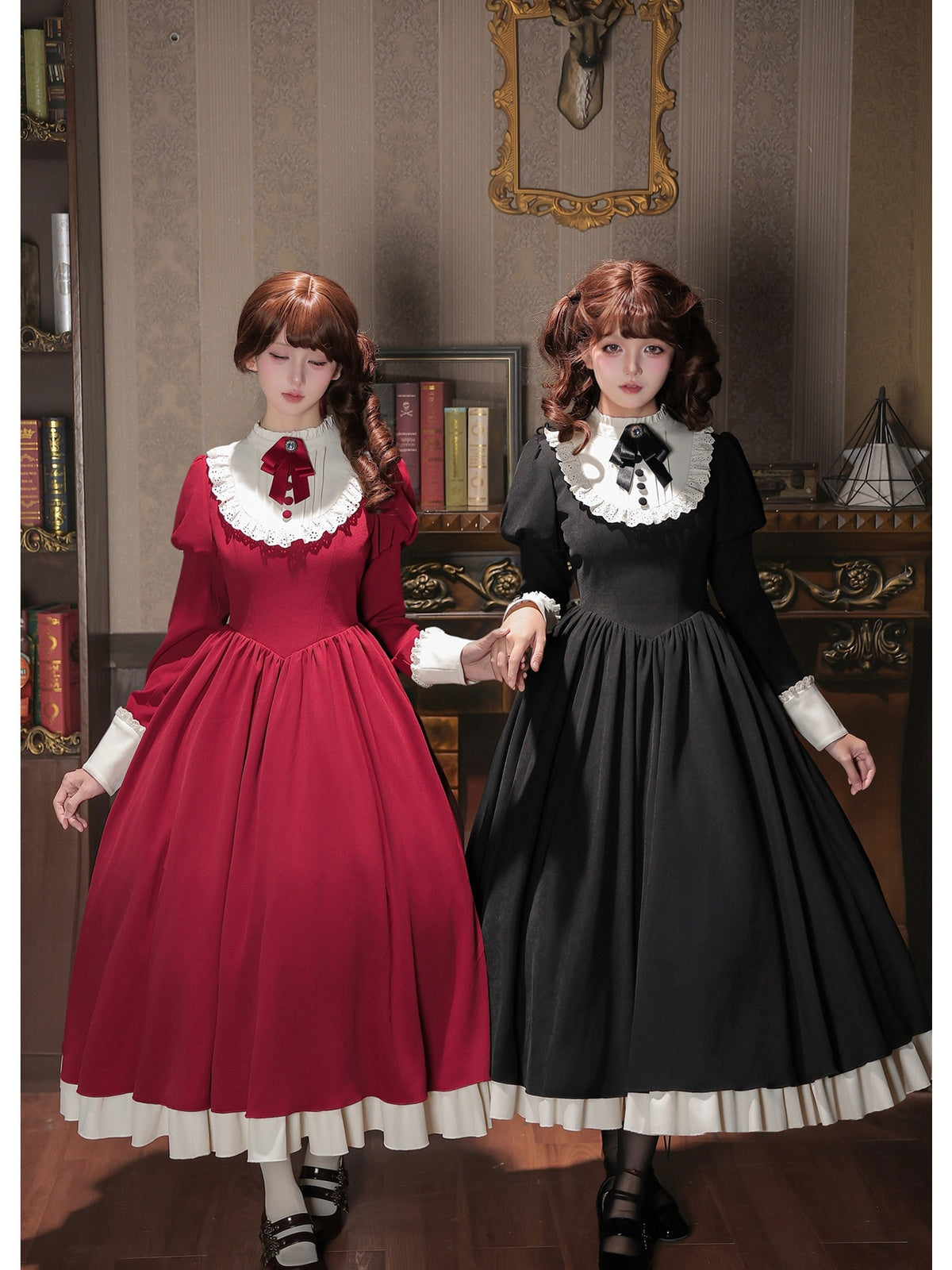 Red Elegant Maid Lolita OP Set with Apron, Necktie & Headband