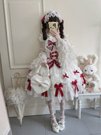 White & Red Doll JSK Lolita Dress with Back Bow & Headband