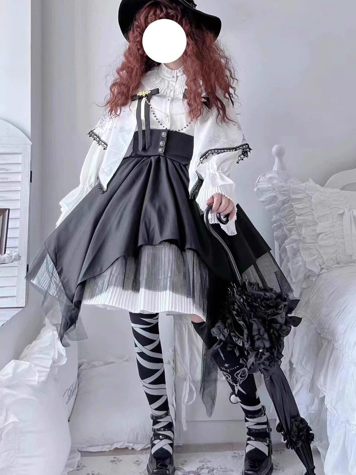 Gothic Nun Lolita Dress Set with Corset Blouse & Tiered Skirt