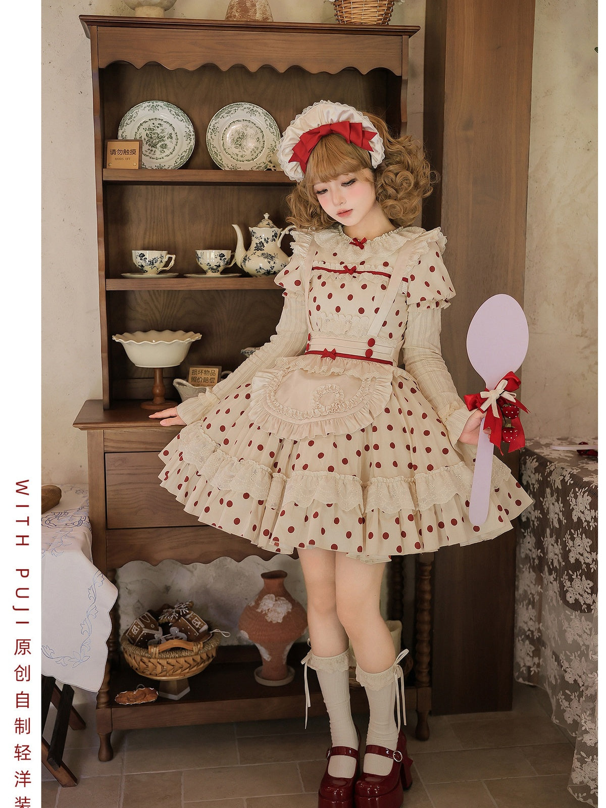 Short Doll Lolita Cotton Print OP Set with Apron & BNT