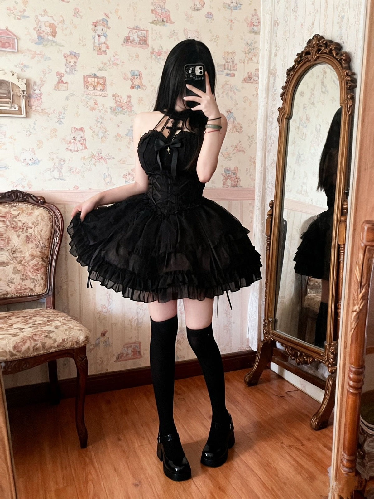 Gothic Cross Lolita Dress Full Set with Sleeves & Headpiece