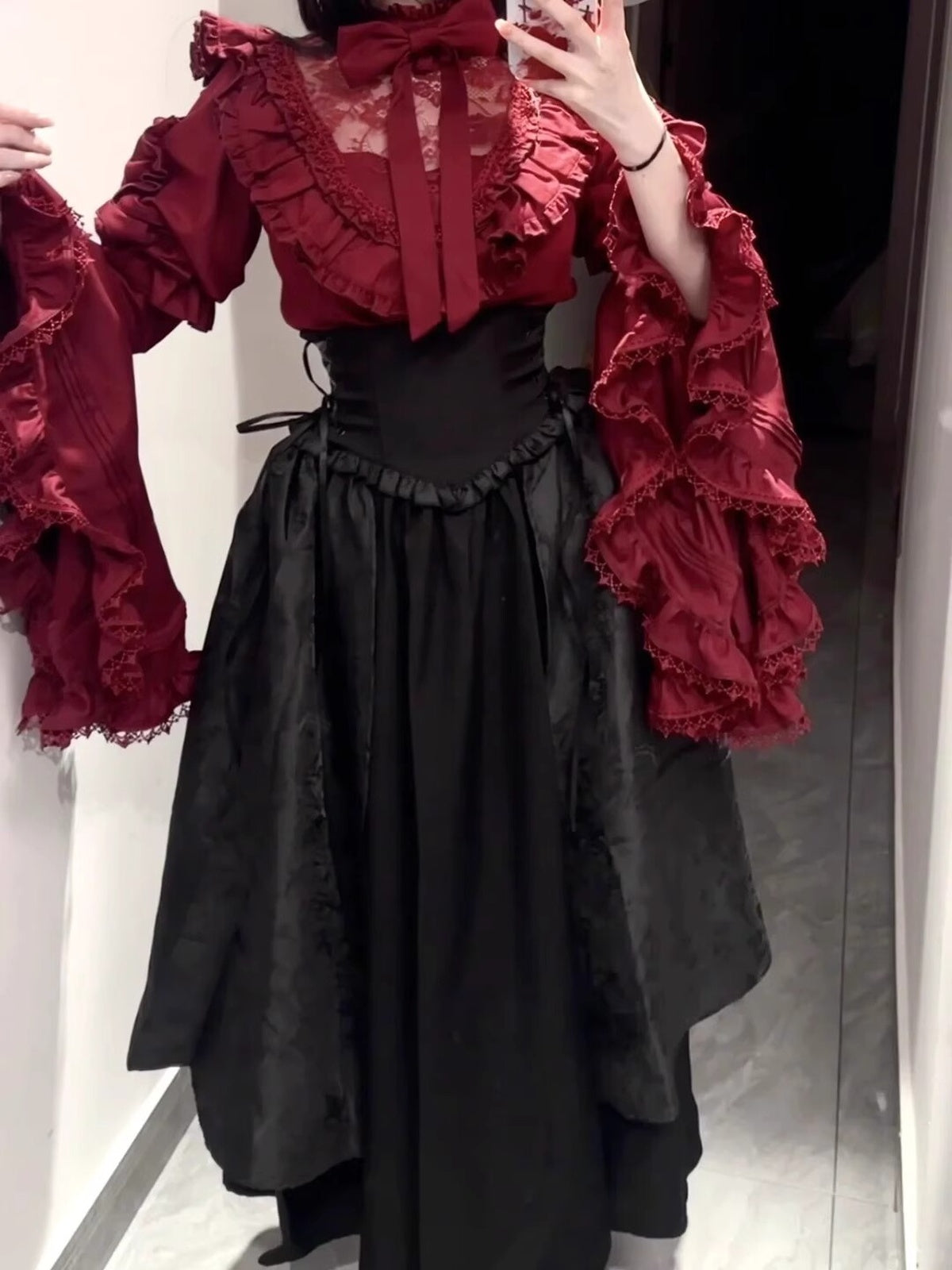 Gothic Red Black Lolita Dress Set with Hime Sleeve Blouse & SK