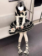 Black Stripe Sweet Lolita OP Dress Full Set with Hat & Detachable Sleeves